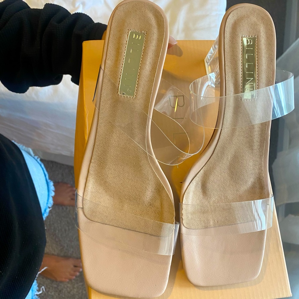 Clear, double strap, heeled mules